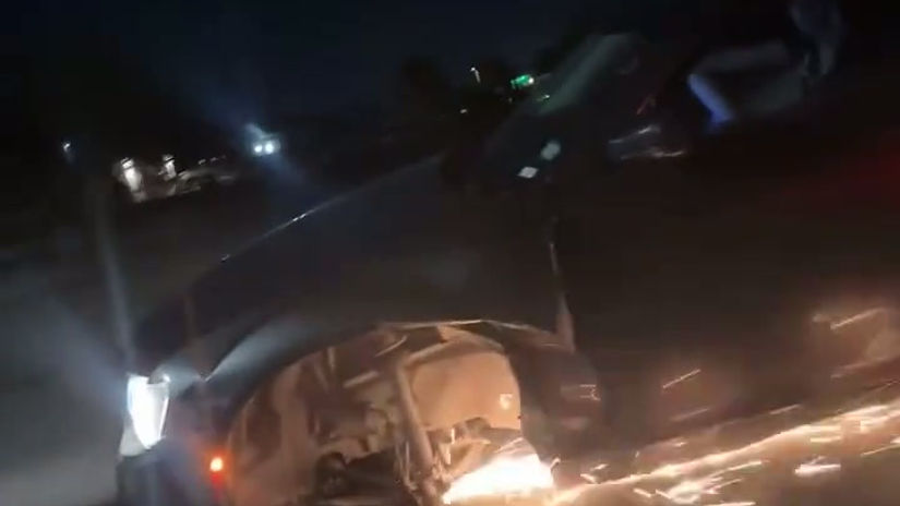 He's riding with no tire on his car.